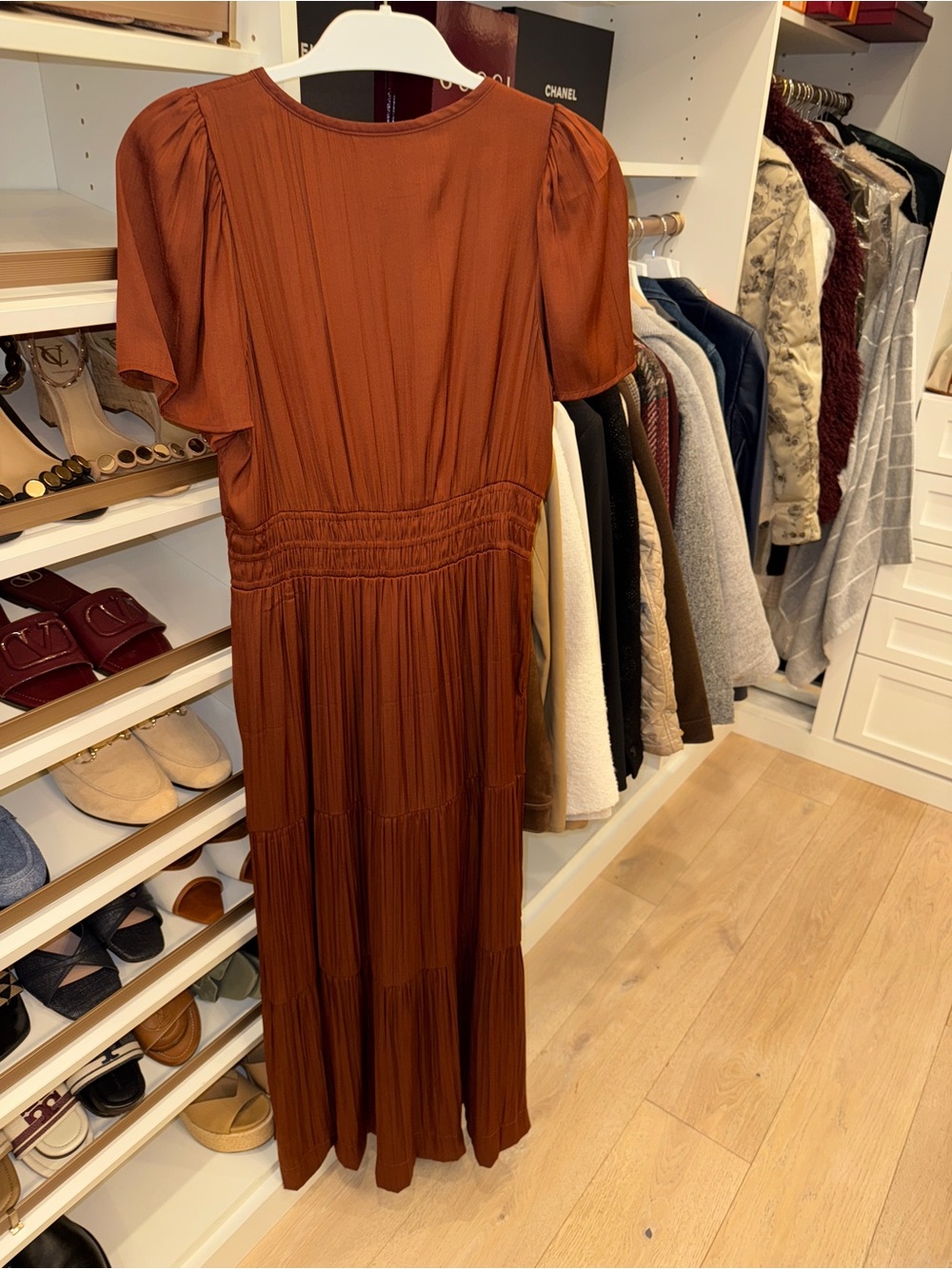 Anthropologie SOMERSET Chocolate Brown Tiered Midi Dress - Picture 6 of 6